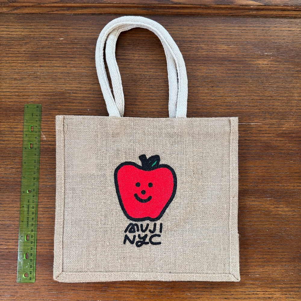 new Muji NYC cotton jute mini tote bag cute Big Apple smiley limited edition